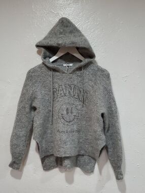 Ganni "Have A Nice Day" Heather Gray Mohair Knit Sweater Size XS